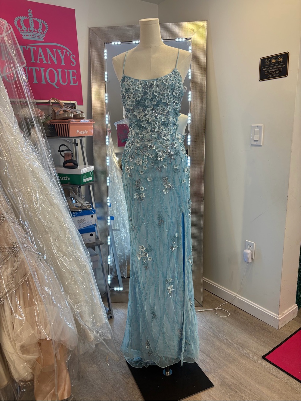 Primavera Couture Light Blue Floral Sequin Prom Dress
